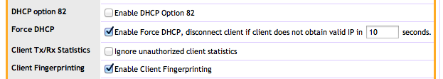 Vynucení použití DHCP Configure->WLAN->Advanced Po klientech vyžaduje přidělení IP z DHCP Podporuje roaming s i bez DHCP requestu Proč?