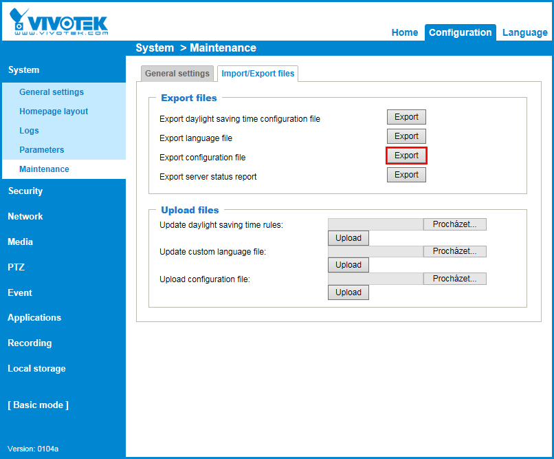 Obr. 52 - Podsekce pro Import/export Přepněte záložku na Import/Export files. Obr.