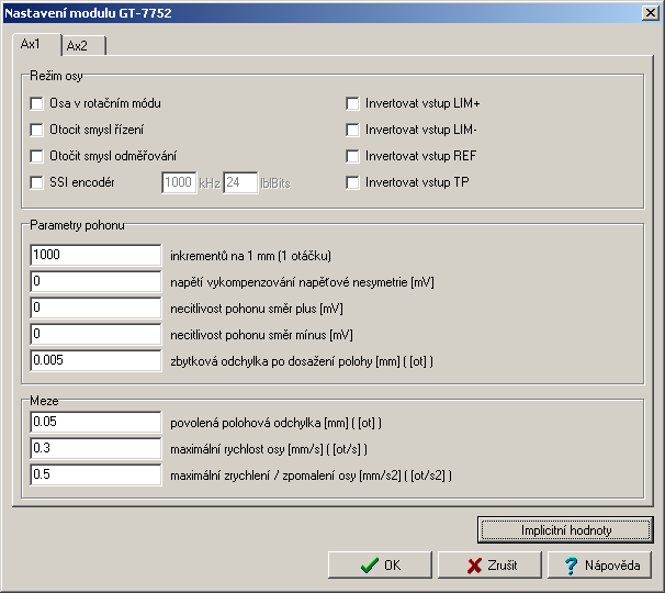 obr. 6.2 Příklad nastavení režimu osy v modulu GT-775x v programu MOSAIC 6.