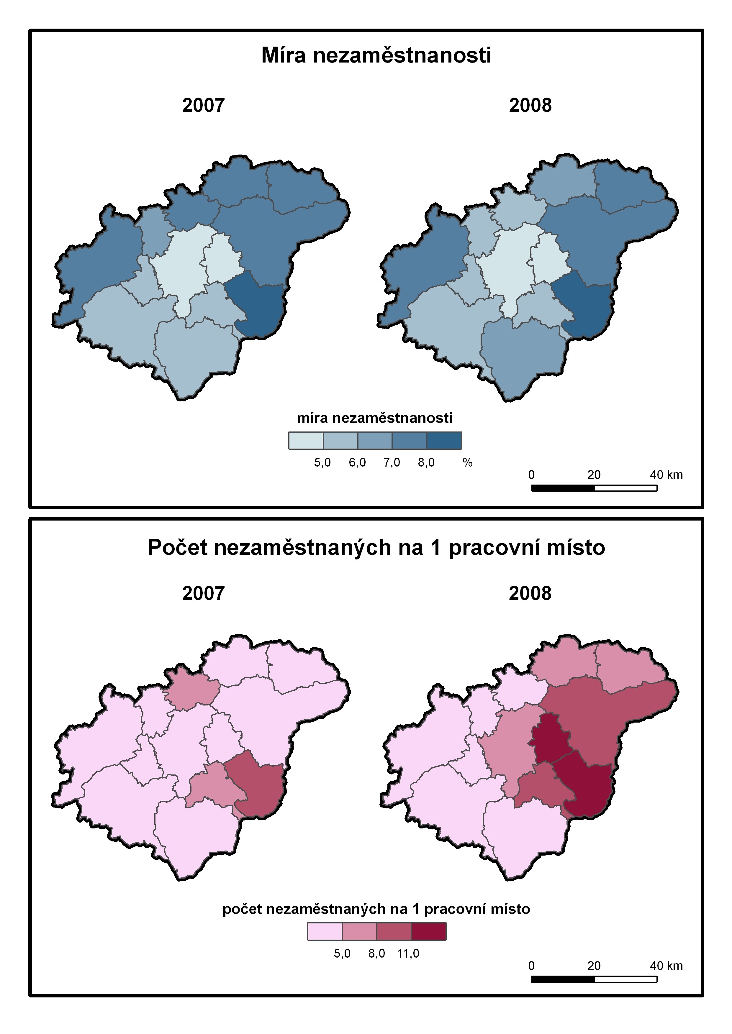 Obr. 14: Míra nezaměstnanosti a počet nezaměstnaných na 1 volné pracovní místo ve správních