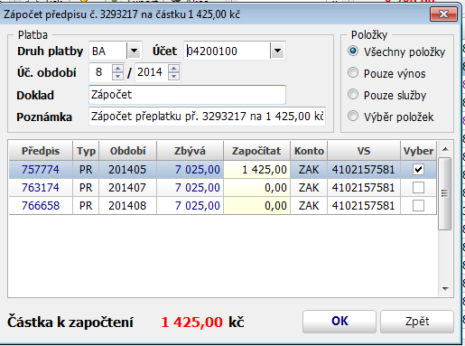 1.5. Poměrná část předpisu Poměrnou část předpisu provedete v Předpisech uživatele. Označte požadovaný předpis a použijte volbu Akce Poměrná část předpisu.