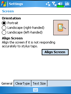 3 Používání Pocket PC / Obrazovka (Screen) Start Ťukněte na, Settings, záložku System a pak na Screen. Při první zapnutí nebo po studeném startu Vás systém požádá o kalibraci obrazovky.