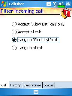 Ťukněte na tlačítko Options na obrazovce Call Filter a přejdete na obrazovku zobrazenou vlevo. ❶Call: Nastavte zda přijmou nebo odmítnout hovor.