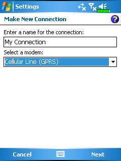 Nastavení GPRS Připojení Ťukněte na záložku Tasks., Settings, záložka Connections, Connections a pak na 1. Jak je zobrazeno na obrázku vlevo, ťukněte na Add a new modem connection. 2.