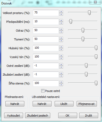 Dozvuk Přidává atmosféru nebo halový efekt.