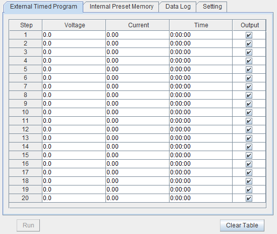 D. Externí časovací program Externí časovací program je zcela řízen počítačem, PC počítá čas a změny napětí a proudu zdroje. Zvolte záložku External Timed Program a kliknutím ji zapněte.