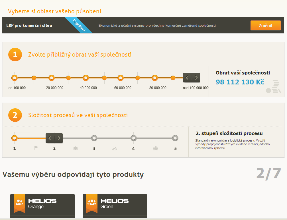 UTB ve Zlíně, Fakulta managementu a ekonomiky 49 Obrázek 14: Ukázka výběru oblasti působnosti (Helios, 2013) V další fázi měl být zadán přibližný obrat společnosti a složitost procesů, jaké by měl