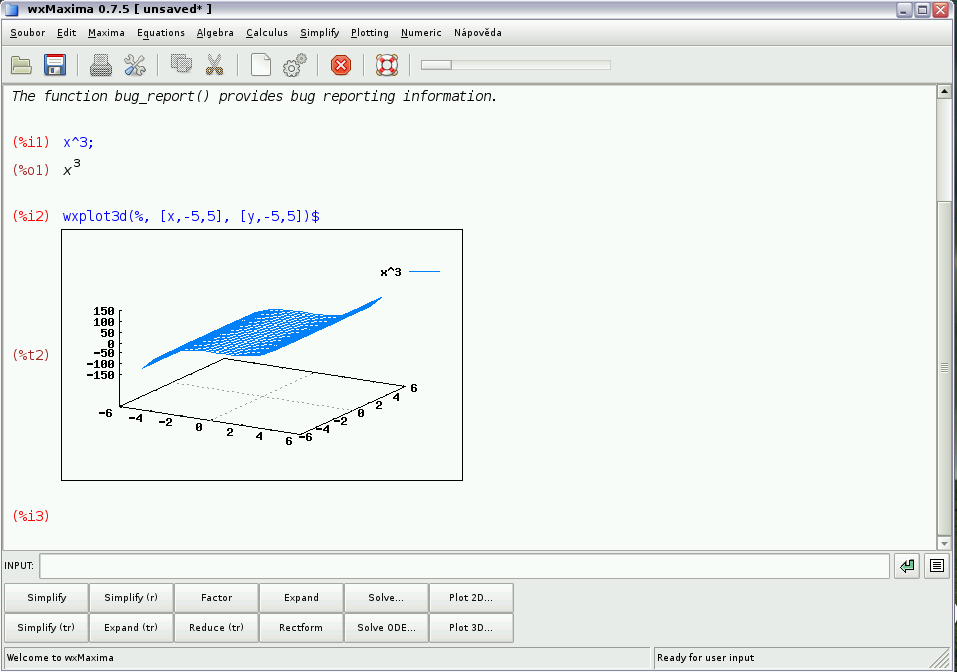 Obrázek 2: Nadstavba systému Maxima - wxmaxima Maxima zvládá následující typy výpočtů: Symbolické výrazy Numerické výrazy Derivace Integrování Výpočty Taylorových polynomů Laplaceovy transformace