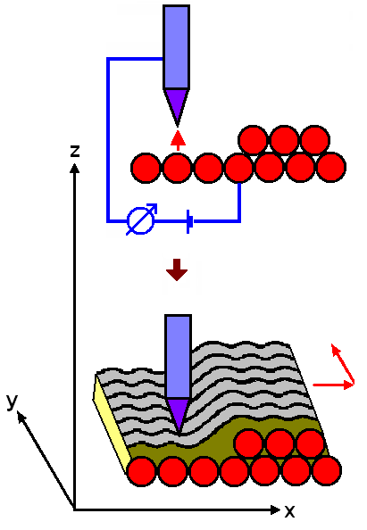 Skenující tunelová mikroskopie Umístění vzorku a skenování Hrubý mechanický posuv vzorku směrem ke hrotu (z) Přiložení napětí mezi hrotem a vzorkem, aby mohl procházet proud je zapotřebí vodivý