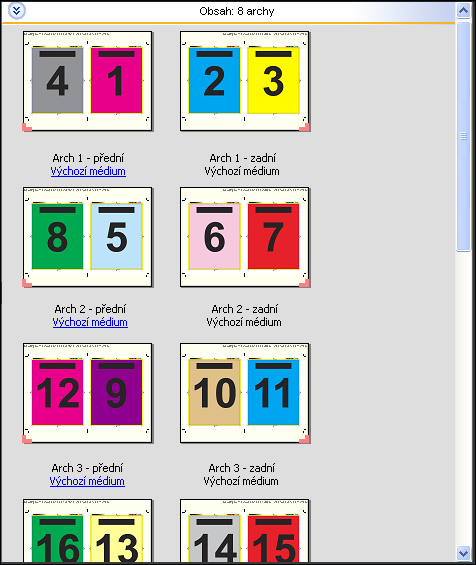 Fiery Impose 51 Poznámka: Možnost Úprava odstupu (vylézání) nemá na tuto šablonu žádný vliv. Šablona Sešitová vazba, 2-up Rozložení Sešitová vazba, 2-up vytváří archy pro knihy se sešitovou vazbou.