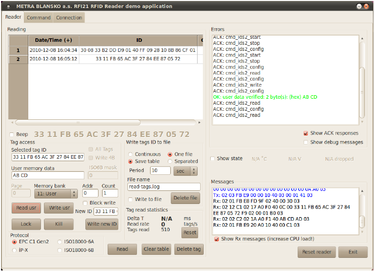 Pro připojení ke čtečce je vyžadována nainstalovaná aplikace RFI21 RFID Demo Application podporující OS Windows od verze XP a GNU/Linux 2.6 a vyšší.