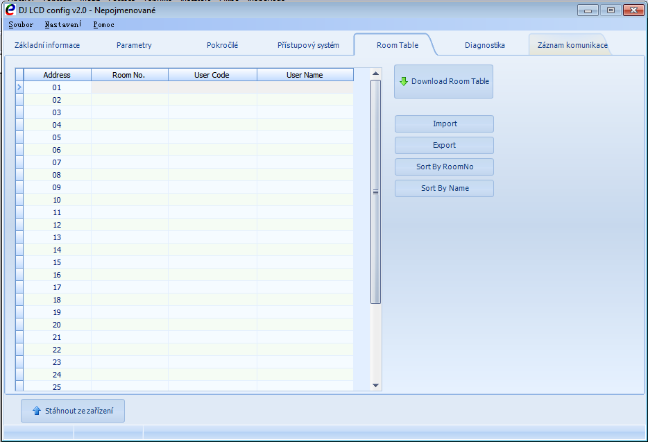 Záložka Room table Tato volba slouží k organizaci a přidělováné: čísel bytových jednotek, uživatelských kodů a uživatelských jmen.