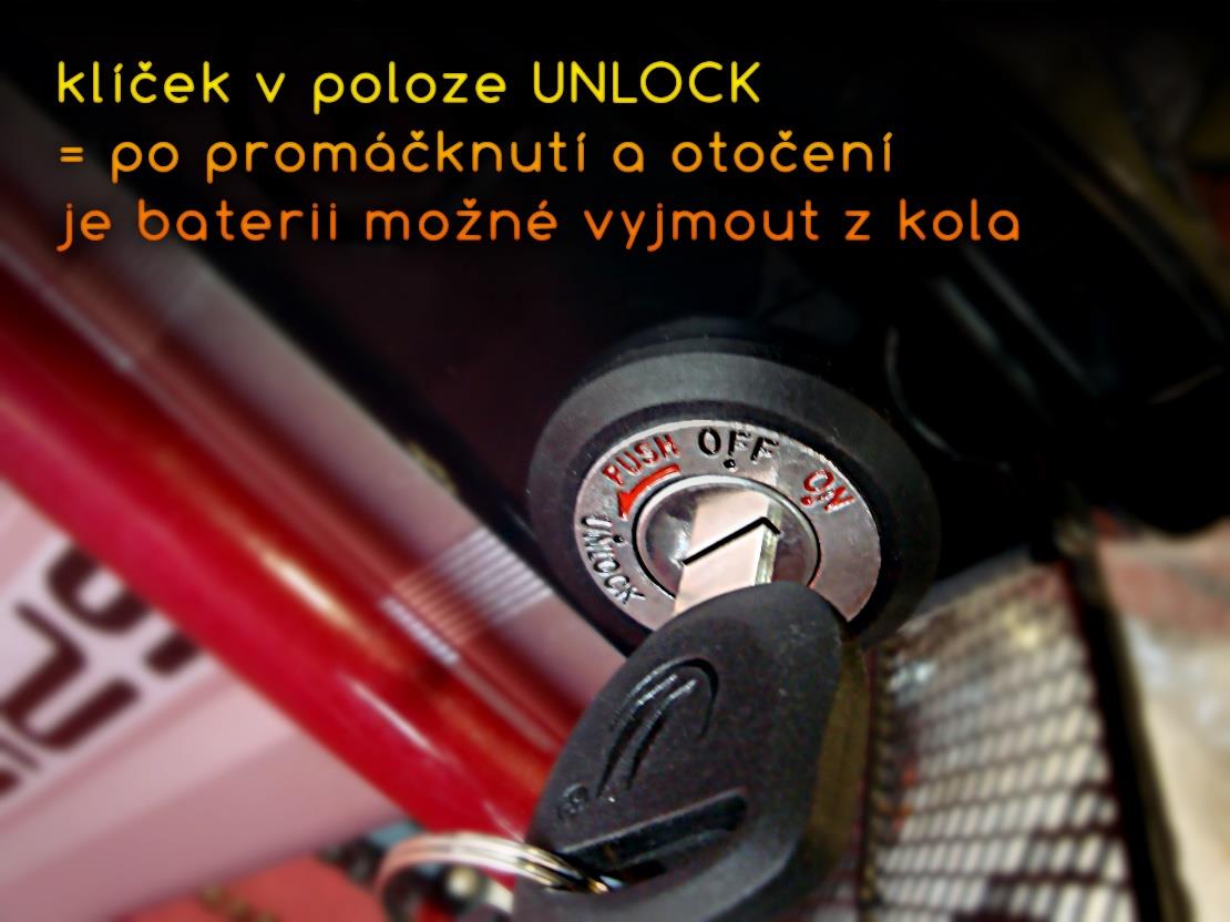 UNLOCK (odemčení a vyjmutí baterie) Slouží k odjištění baterie pro vyjmutí z rámu kola. V této poloze je zámek baterie odemčen a je tak možné baterii z rámu kola vysunout.