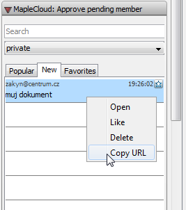 4.10 Sdílení dokumentů a složek MapleCloud umožňuje sdílení dokumentů pomocí sdílení URL (internetové adresy dokumentu).