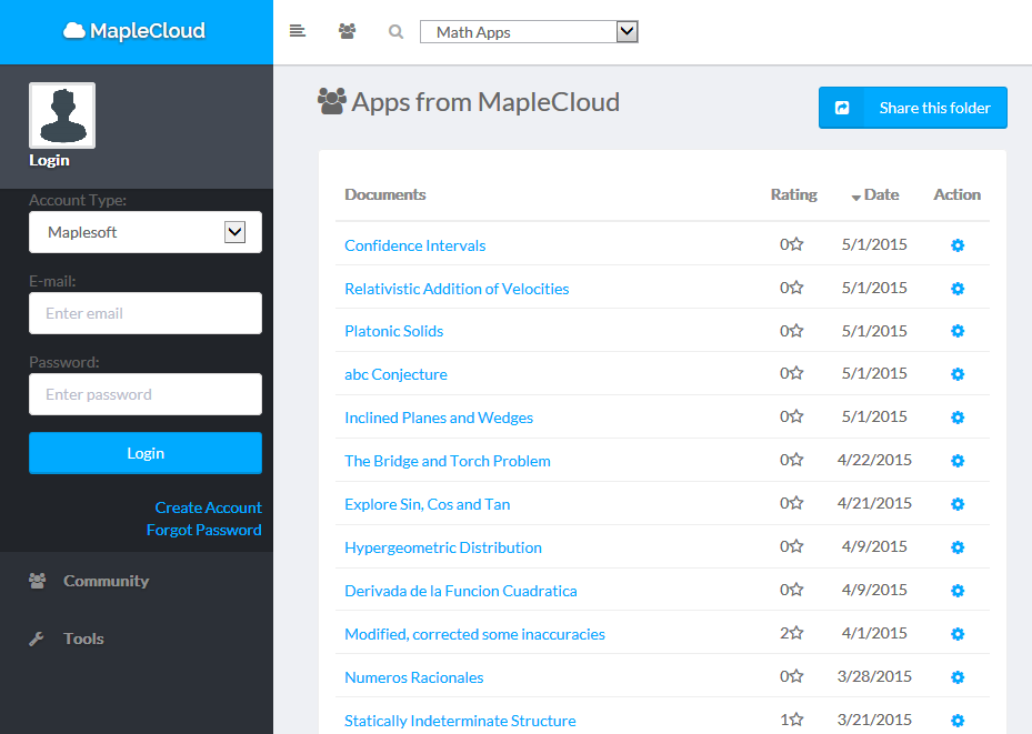 3 MapleCloud a registrace MapleCloud je možné používat jak přímo ze systému Maple 2015, tak i z webového prohlížeče, nicméně přístup přes web neumožňuje přidávání dokumentů, vytváření skupin,