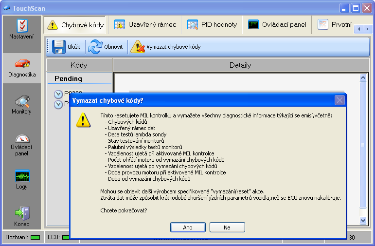 Mazání chybových kódů TouchScan nabízí možnost vymazání chybových kódů. K tomuto účelu využijte tlačítko Vymazat chybové kódy.