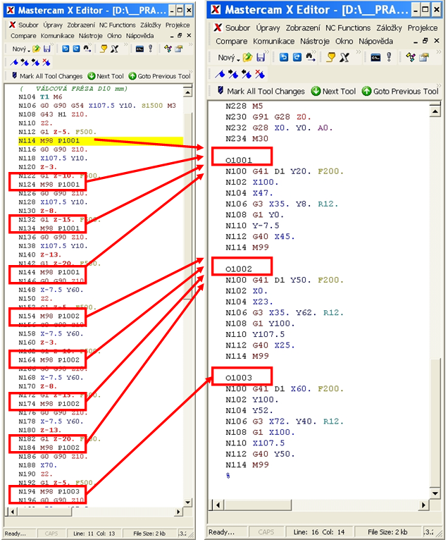 Řešené úkoly při frézování v CAD/CAM systému 128 Ve výsledném NC kódu jsou pak generovány podprogramy s postupnými pořadovými čísly pro jednotlivé obráběné prvky. Obrázek 4.