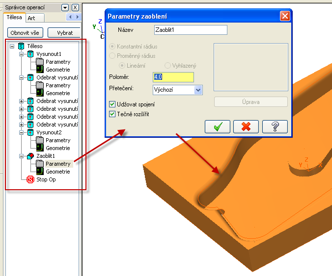 Řešené úkoly obecná část CAD/CAM systému 14 Druhý způsob při použití importu historie tvorby modelu, umožňuje v Mastercamu jednoduše upravovat model pomocí