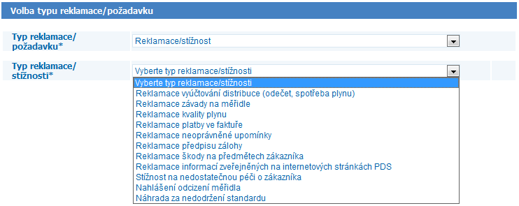 8.1 Podání reklamace a požadavku Reklamace a požadavky se podávají z podmenu Podání reklamace a požadavku. Na obrazovce je v prvním kroku zobrazeno pouze pole pro výběr reklamace nebo požadavku.