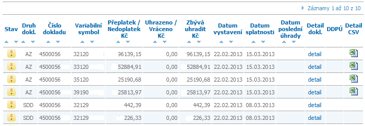 Pokud je ve sloupci Uhrazeno/Vráceno Kč kladná částka jedná se o daňový doklad o přijetí úplaty, pokud je částka záporná jedná se o dobropis k přijaté úplatě Kliknutím na ikonu uživatel stáhne