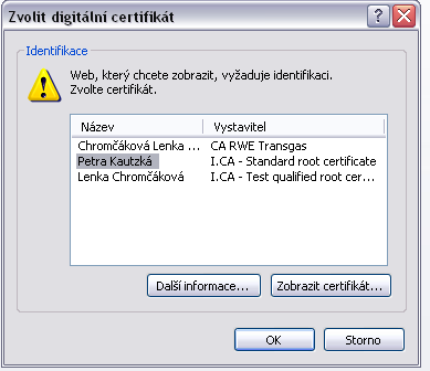 3. Výběr digitálního certifikátu. V případě, že vlastníte více než jeden digitální certifikát, budete vyzváni k výběru klientského certifikátu.