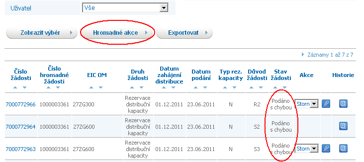 6.8.5 Provedení hromadné akce se skupinou žádostí Cílem této funkcionality je usnadnit a hlavně zrychlit uživateli práci s větším počtem žádostí najednou.