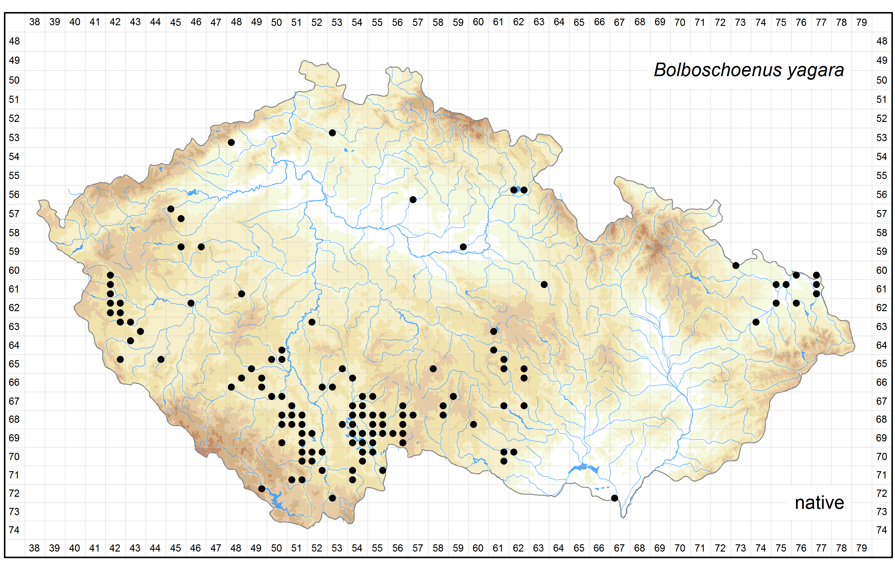 Distribution of Bolboschoenus yagara in the Czech Republic Author of the map: Michal Ducháček, Zdenka Hroudová Map produced on: 18-11-2015 Database records used for producing the distribution map of