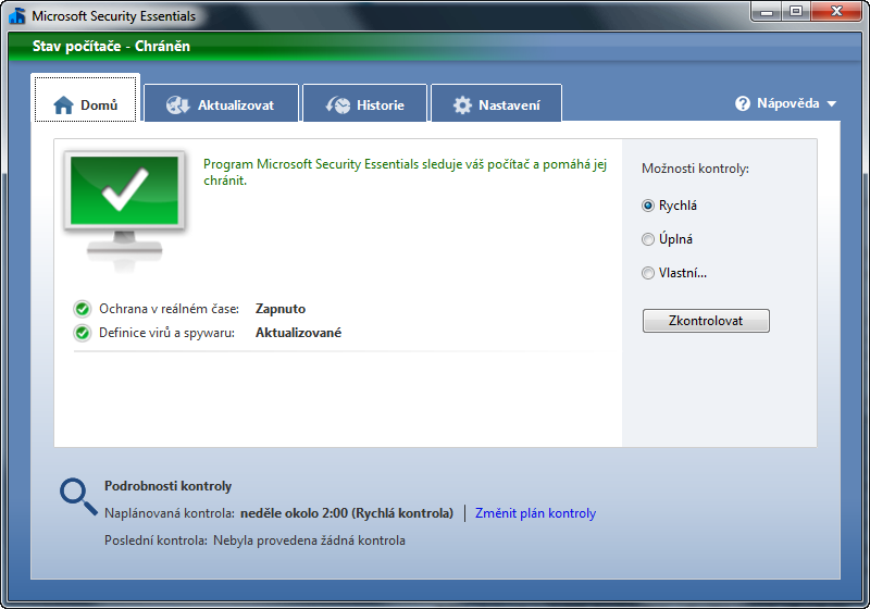 2.2.7 Microsoft Security Essentials Společnost Microsoft uvolnila bezplatný antivirový program pro české uţivatele.