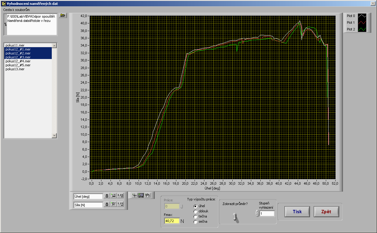 - práce: hodnota mechanické práce vypočítaná z dat, které se nachází mezi dvěma kurzory v grafu Časová závislost úhlu a síly, - Fmax: maximální hodnota časového průběhu síly, - graf Časová závislost