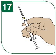 13 - Otočte soupravu injekční stříkačky a lahvičky tak, aby byla lahvička nahoře. Pomalu vytahujte píst, abyste natáhl/a veškerý roztok do injekční stříkačky.