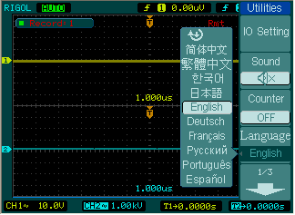 Volba jazyka Osciloskop je vybaven vícejazyčným menu, jazyk lze libovolně změnit. Stisknutím tlačítka Utility > Language vstoupíte do menu pro volbu jazyka. 1. Napěťová měření Obr. 2-111 Tab.