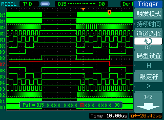 Zprávy nápovědy a odstraňování závad Obr. 3-12 Spouštění Pattern digitálního signálu Duration Postupujte následujícím způsobem: 1.