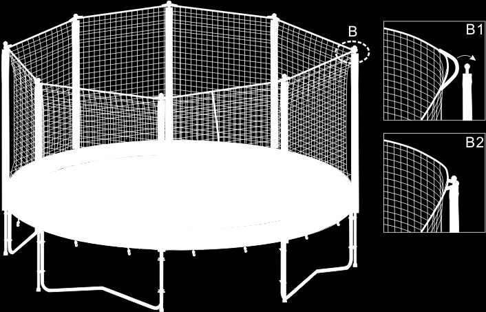 A1 Připevněte podpěrnou tyč na nohu trampolíny pomocí dvou speciálních svorek, dvou vymezovačů a zabezpečte pomocí šsetu šroubů (2 svorky pro jednu tyč).