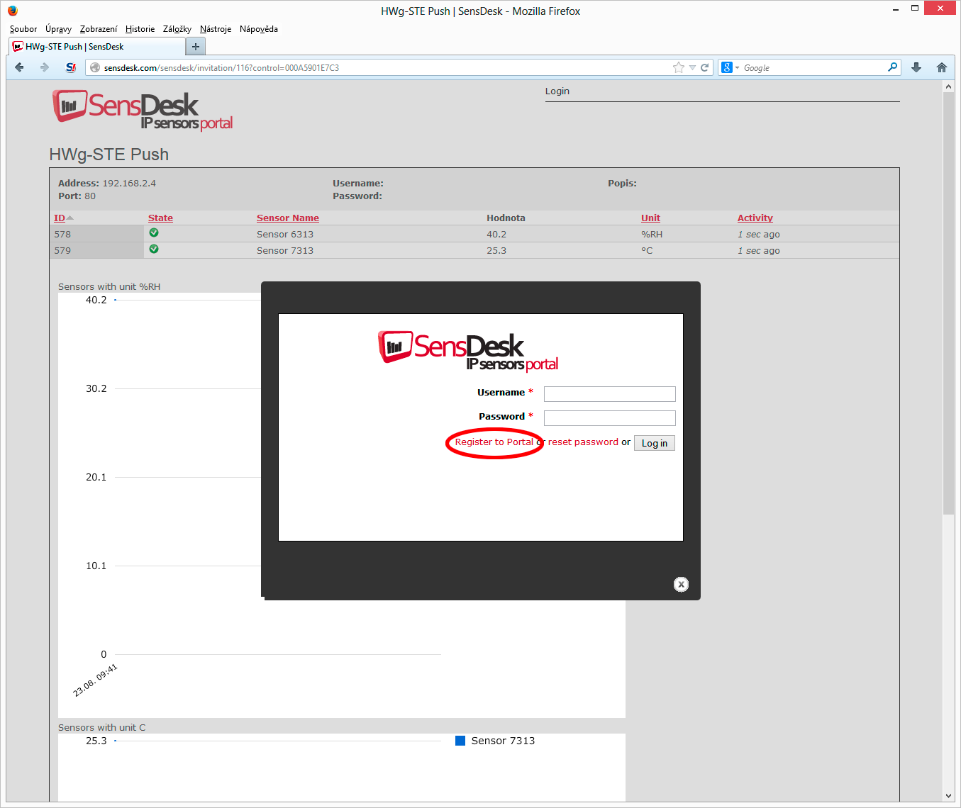 3) Kliknutím na odkaz SensDesk.com: register your IP sensor se přepnete na web služby SensDesk.