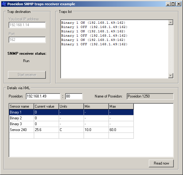 EX104: XML file downloader XML A An example to demonstrate UDP search for devices, reading their basic network parameters, and downloading and parsing the XML file with sensor and binary input states.