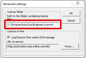 Vyberte rozšířená nastavení [Advanced settings...] Zde je cesta k adresáři, kde bude licenční soubor nakopírován. Když používáte edice a balíček pro dynamiku, tak najdete vedle SCIAxx.