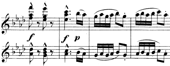 Obrázek 14 polka 6. tanec 79 Klidnou část najednou prudce vystřídá rychlá polka, která je uvozena třemi ostrými akordy. Přichází rozverná a skotačivá melodie obrázek 14.