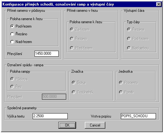Nastavení parametrů dialogem: Příkaz slouží pro výpočet a nakreslení schodišťového ramene s popisem v půdorysu do vrstvy "SCHODY". Text je umístěn do předvolené vrstvy. SCHŘ.