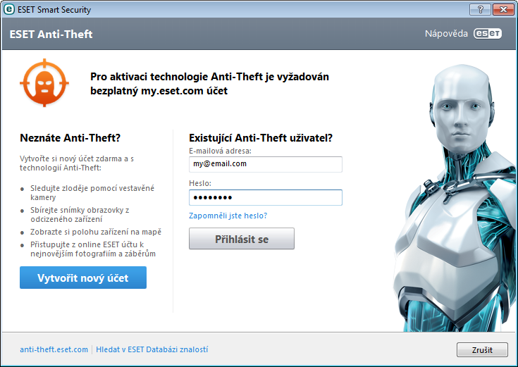 3.4 Anti-Theft Pro ochranu počítače v případě ztráty nebo odcizení postupujte podle následujících kroků pro registraci počítače do systému ESET Anti-Theft. 1.