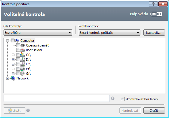Volitelná kontrola Volitelná kontrola umožňuje vybrat z různých přednastavených profilů kontroly a nastavit také cíle kontroly. Výhodou Volitelné kontroly je možnost přizpůsobit parametry kontroly.