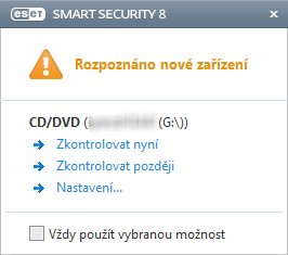 4.1.2 Výměnná média ESET Smart Security poskytuje automatickou kontrolu výměnných médií (CD/DVD/USB/...). Tento modul umožňuje zkontrolovat obsah vložených médií.