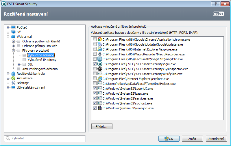 4.3.3.2 Vyloučené aplikace V tomto dialogovém okně vyberte aplikace, které chcete vyloučit z kontroly filtrování protokolů.