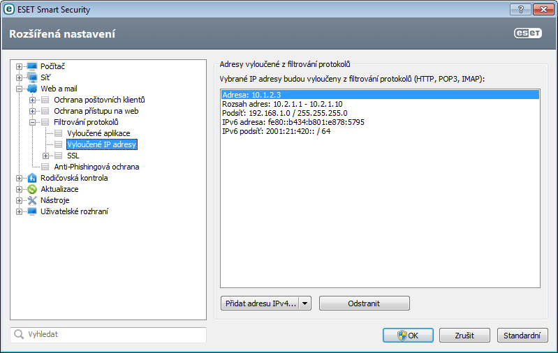 4.3.3.3 Vyloučené IP adresy IP adresy uvedené v tomto seznamu budou vyloučeny z filtrování protokolů.
