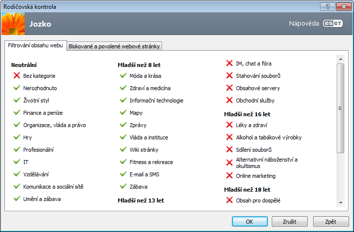 4.4.1 Filtrování obsahu webu V tomto dialogovém okně vybíráte kategorie webových stránek, které chcete povolit nebo zakázat.