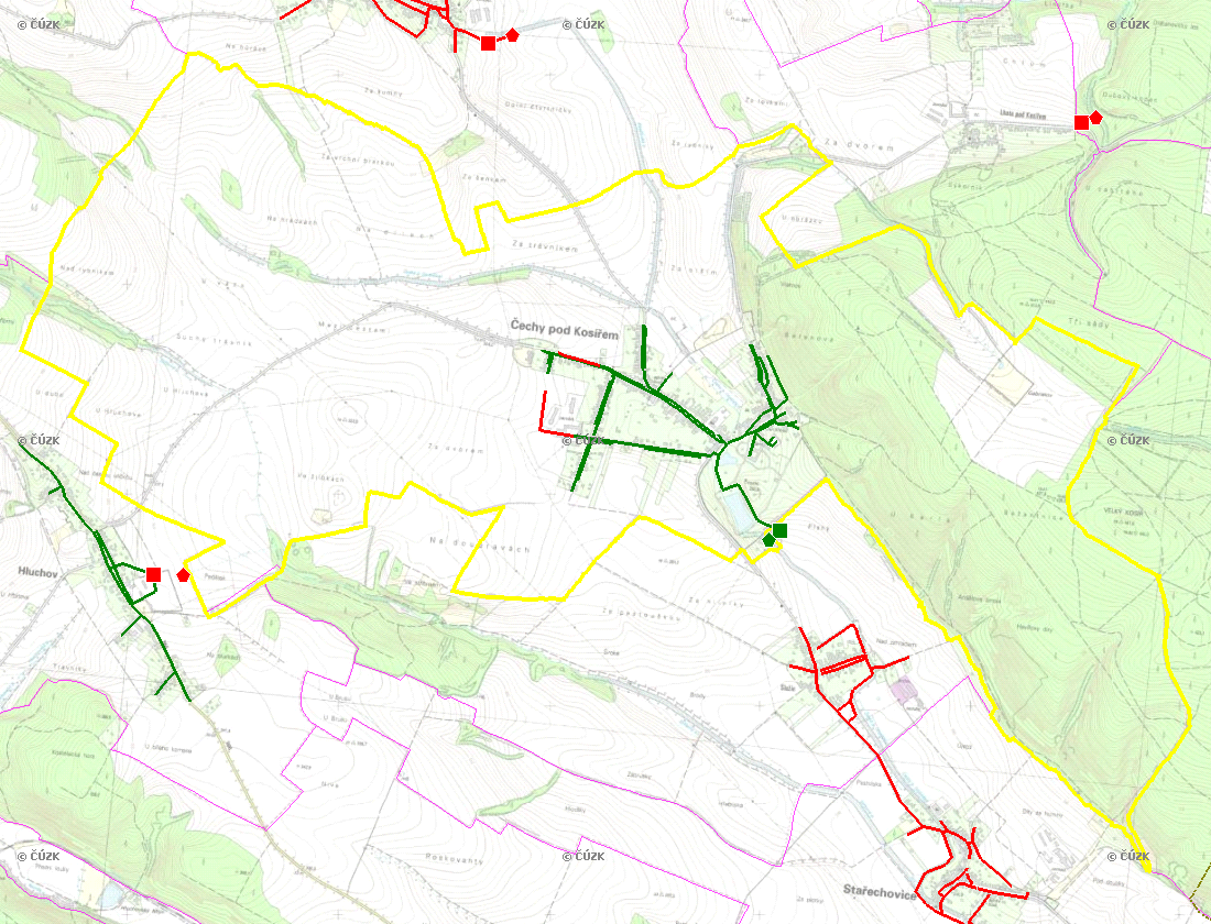 E. KANALIZACE A ČOV Mapa E1: Kanalizace - rozvody v obci Trasování sítí, lokalizace ČOV, čerpací stanice (ČS), výústě Obec: Čechy pod Kosířem Legenda: Kanalizace: Ochranné pásmo: Vyústění: do 2015 po