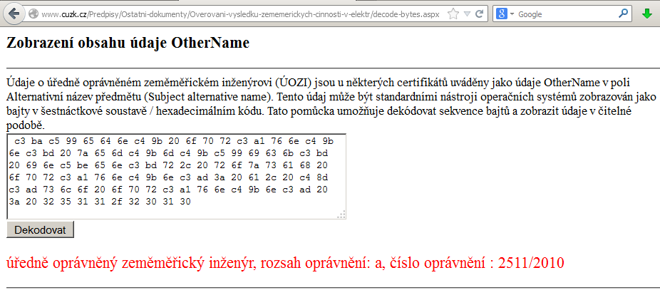 Certifikát - PostSignum Zobrazení údajů z pole OtherName