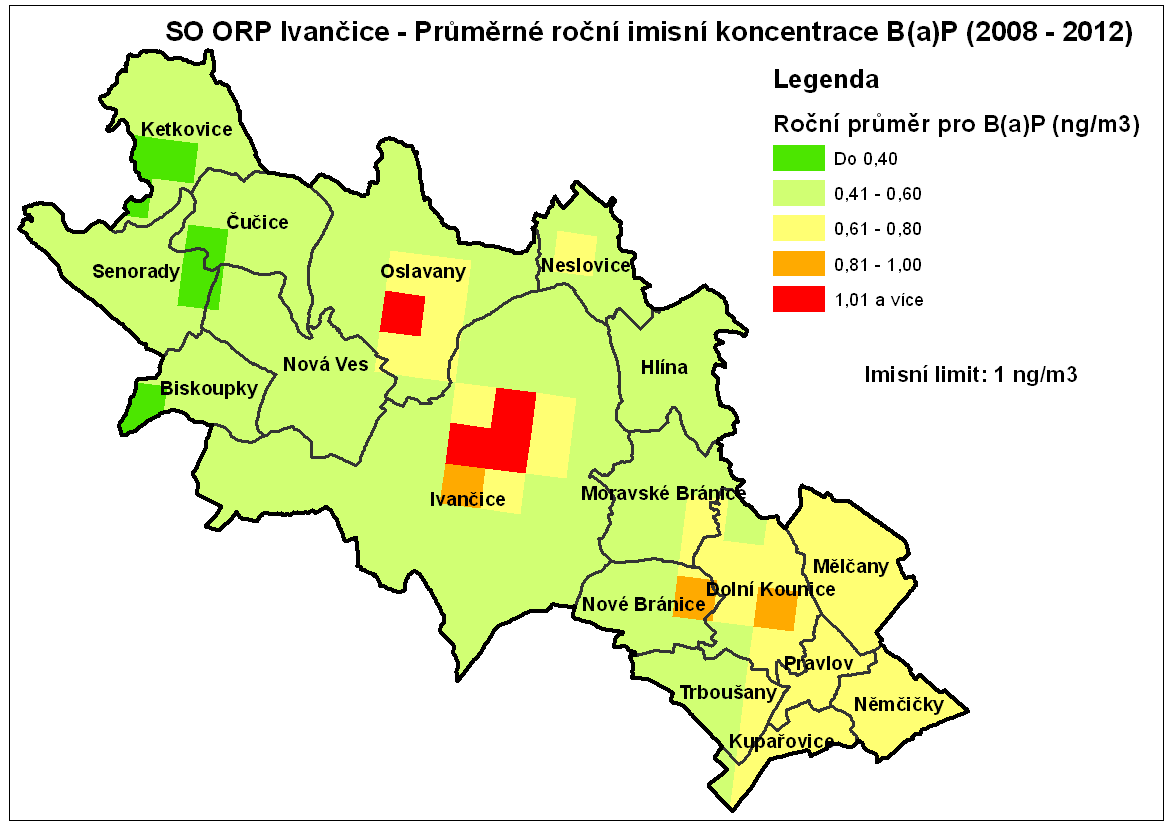 Obrázek č. 3.3.3: Průměrné roční imisní koncentrace benzo(a)pyrenu v období 2008-2012 Zdroj dat: ČHMÚ, 2014 Obrázek č.