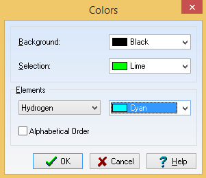 c) Změna barvy 1 Vyberte kuličkový typ modelu (Balls and Sticks) 2 Pomocí tlačítka Set Colors nastavte barvu vodíků (v dialogovém okně Colors u ydrogen vyberte např hodnotu Cyan) a uhlíků (u Carbon