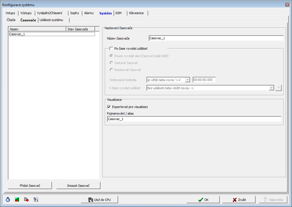Export čítačů a časovačů Export čítačů a časovačů se provádí z okna Konfigurace systému, záložka Systém, podzáložky Čítače, resp. Časovače. U obou možností je zde volba Exportovat pro visualizaci.