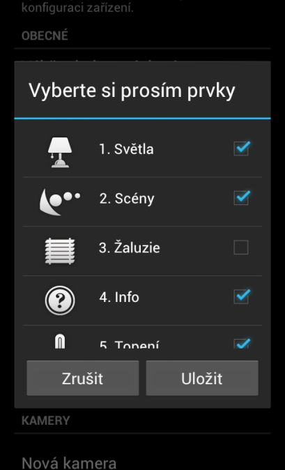 d) V případě, že chcete v aplikaci sledovat připojené Audiozóny a Videozóny, je třeba vybrat tyto zóny v menu Výběr sledovaných zón. Zatrhnutím potvrdíte sledování dané Zóny e) Výběr skupin.